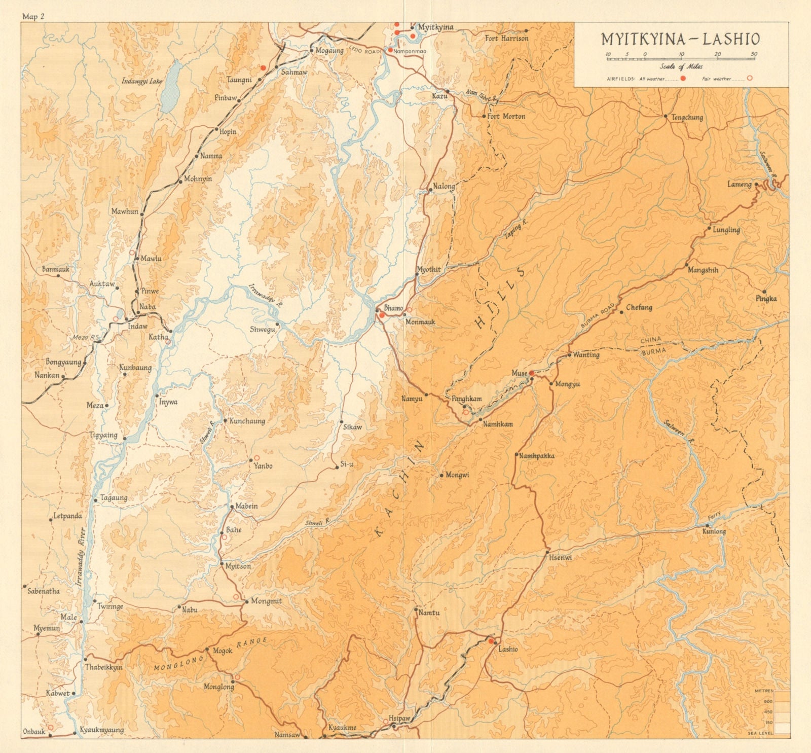 Burma Campaign 1944. Myitkyina - Lashio. Airfields. World War 2 1965 old map